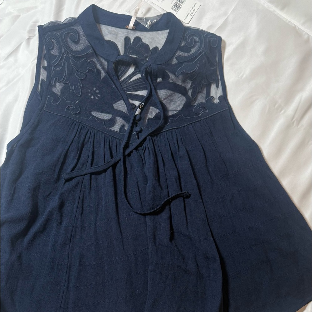 NWT FP Movement by Free People Navy Embroidered Blouse